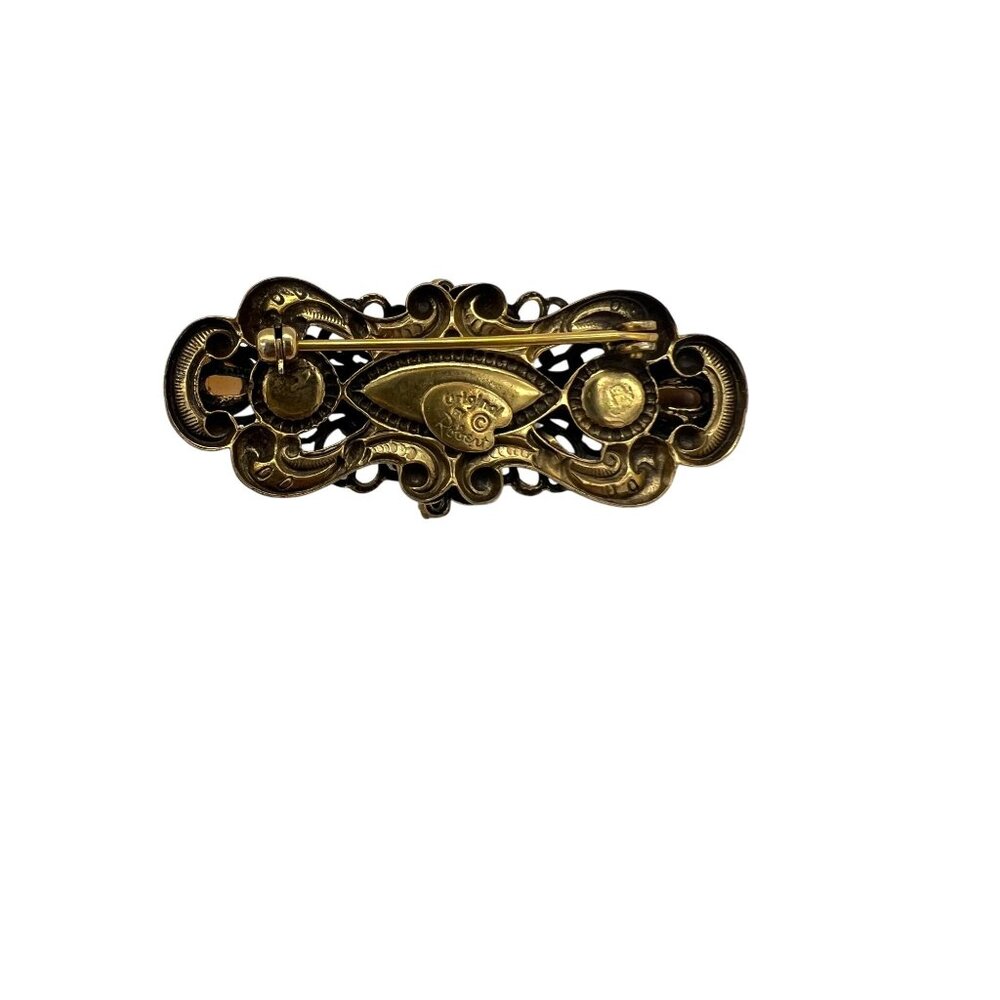 Vintage Original By Robert Amber Glass Cabochon Filigree Bar Brooch Rhinestones - Picture 2 of 9